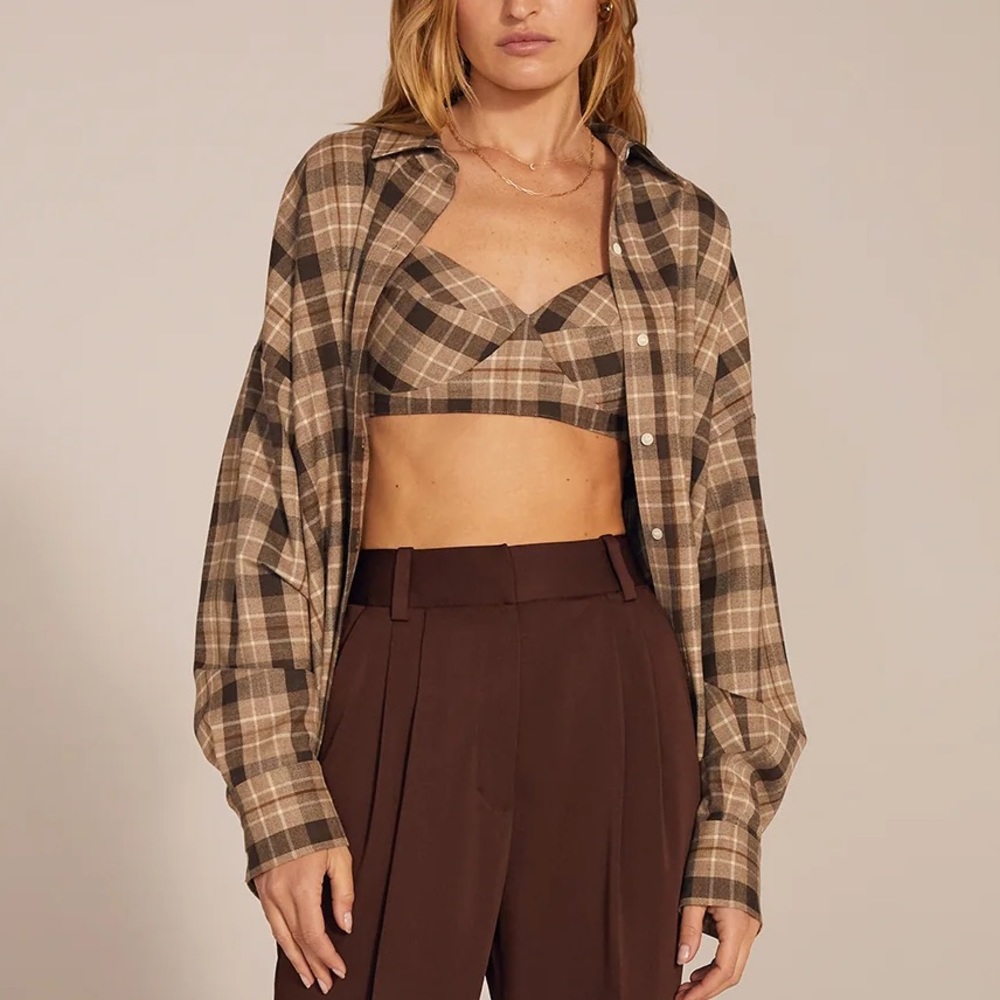 NWOT Favorite Daughter pink flannel plaid ex boyfriend bra and shirt SMALL